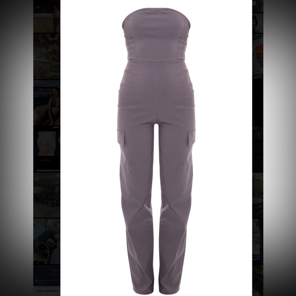 Grey strapless bandeau top and cargo style jumpsuit